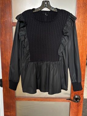 Joh Black Ruffled Knit-Paneled Peplum Blouse